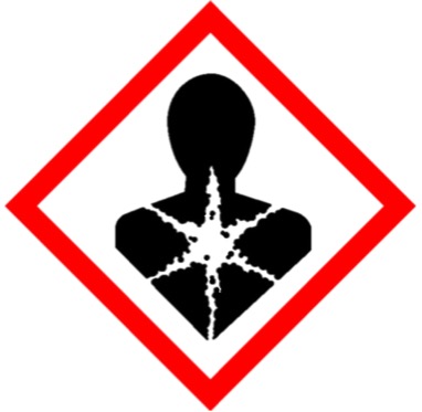 GHS pictogram for health hazard.  Red bordered diamond with silhouette of torso with starburst