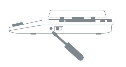 line drawing of profile of hot plate device with set screw for setting temp and screw driver for adjusting