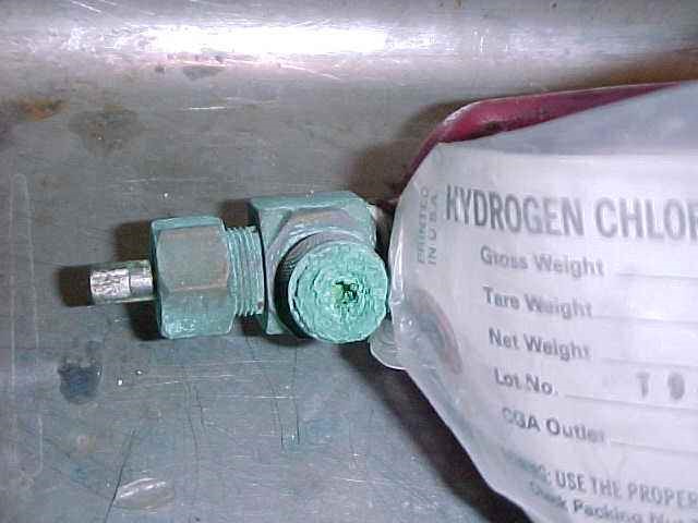 Corrosion on hydrogen chloride gas cylinder valve