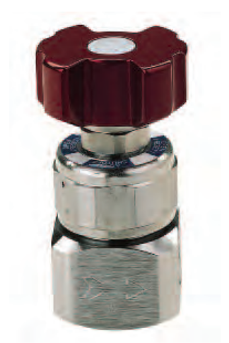 photo of excess flow valve, metal nut with red valve handle
