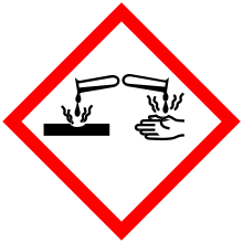 GHS corrosive pictogram red bordered diamond with test tube dripping liquid onto surface and onto hand with wavy lines indicating burning reaction on contact