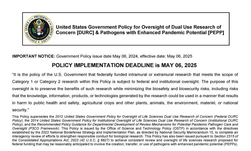 US Government Policy for Oversight of DURC and PEPP